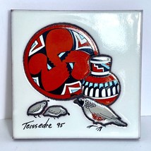 1995 Cleo Teissedre Hand Painted Ceramic Tile Quail Vase Plate Southwest 4x4in - £31.83 GBP