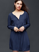 New GAP Women Navy Blue Indigo Soft Tie Long Sleeve Cinched Blouson Dress M - £31.18 GBP