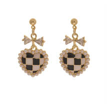 Black Enamel &amp; Pearl 18K Gold-Plated Crystal-Accent Bow Heart Drop Earrings - £11.18 GBP