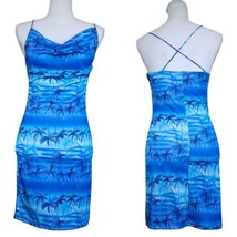 Vintage 90s Y2K Womens Size 4 Blue Tropical Sexy Dress Cowl Neck Mini Bodycon - £30.41 GBP