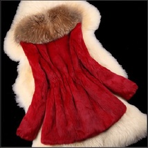 Luxury Dog Racoon Long Hair Fur Collar Mid Length Dyed Rex Rabbit Fur Coat  image 9
