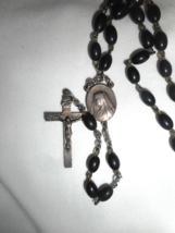 Vintage Silver Tone Rosary Necklace Medallions Black Beaded Chain - £17.08 GBP