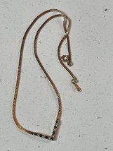 Vintage Avon Signed Flat Goldtone Herringbone Chain w Green & White Rhinestone - $11.29