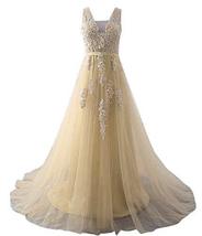 Kivary Women V Neck Beaded Long Prom Dress Formal Tulle Evening Gown Champagne U - £71.20 GBP