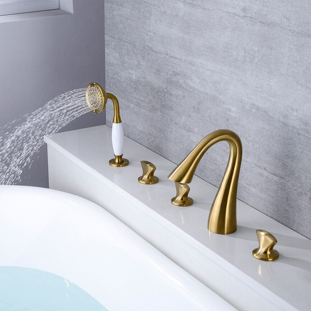 Brushed Gold 5 Holes widespread Bathroom BathTub Filler Faucet shower Ne... - $255.00