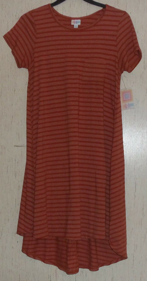NWT WOMENS LuLaRoe &quot;Carly&quot; AUTUMN ORANGE STRIPE KNIT POCKET SWING DRESS ... - $32.68