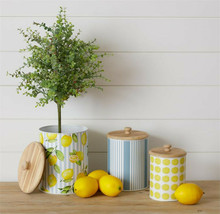 Set of 3 Decorative Storage Canisters Metal &amp; Wood in Yellow White Blue ... - $39.00