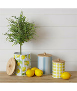 Set of 3 Decorative Storage Canisters Metal &amp; Wood in Yellow White Blue ... - £31.25 GBP