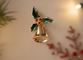 Small Christmas Bell &amp; Holly Brooch | Low Profile Holiday Pin Work Jewelry - $18.99