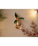 Small Christmas Bell &amp; Holly Brooch | Low Profile Holiday Pin Work Jewelry - $18.99