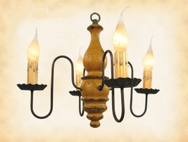 &quot;Abigail&quot; Wood Colonial Chandelier Mustard With Black Handmade 4 Arm Light Usa - £255.70 GBP