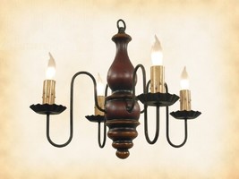 4 Candle Colonial Wood Chandelier   &quot;Red Rub W/ Mustard&quot; Light   Handmade In Usa - £257.14 GBP