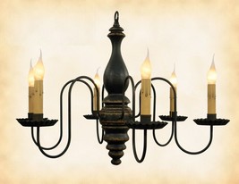 &quot;Anderson&quot; Wood Chandelier   Black W/ Mustard 6 Candle Country Light Made In Usa - £401.83 GBP