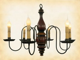 &quot;Anderson&quot; Wood Chandelier   Red Rub W/ Mustard 6 Candle Country Light Usa Made - £393.43 GBP