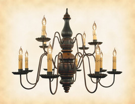 Wood Chandelier   Black W Mustard &amp; Red 2 Tier 12 Candle Handmade Colonial Light - £600.93 GBP