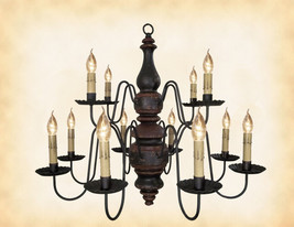 Wood Chandelier   Black W/ Red 2 Tier 12 Candle Colonial Light Handmade In Usa - £593.17 GBP