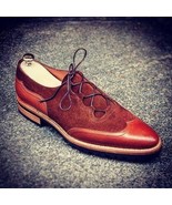 New Handmade Men Maroon Color Suede Leather Wing Tip Rounded Toe Tan Sol... - £114.76 GBP