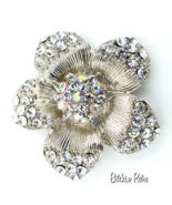 Rhinestone Flower Brooch With Clear and Aurora Borealis,  Bridal   - £14.38 GBP