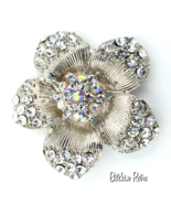 Rhinestone Flower Brooch With Clear and Aurora Borealis,  Bridal   - £14.22 GBP