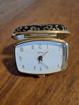 Vintage LINDEN Wind Up Travel Alarm Clock Black &amp; Gold Floral From Germany - $24.74