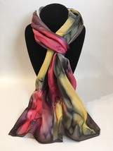 Hand Painted Silk Scarf Watermelon Yellow Charcoal White Womens Rectangl... - £45.03 GBP