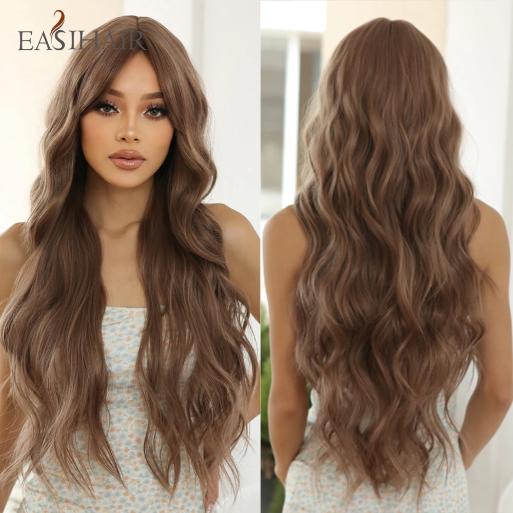 EASIHAIR Long Brown Curly Wavy Synthetic Wigs with Bang for Black Afro Wom - £22.89 GBP+