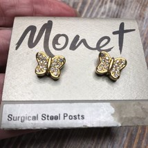 Vintage Monet Rhinestone Butterfly Earrings Posts Gold Tone On Card - £13.23 GBP