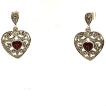 Vtg Sterling Signed 925 Thai Art Deco Garnet Marcasite Heart Filigree Earrings - £35.52 GBP