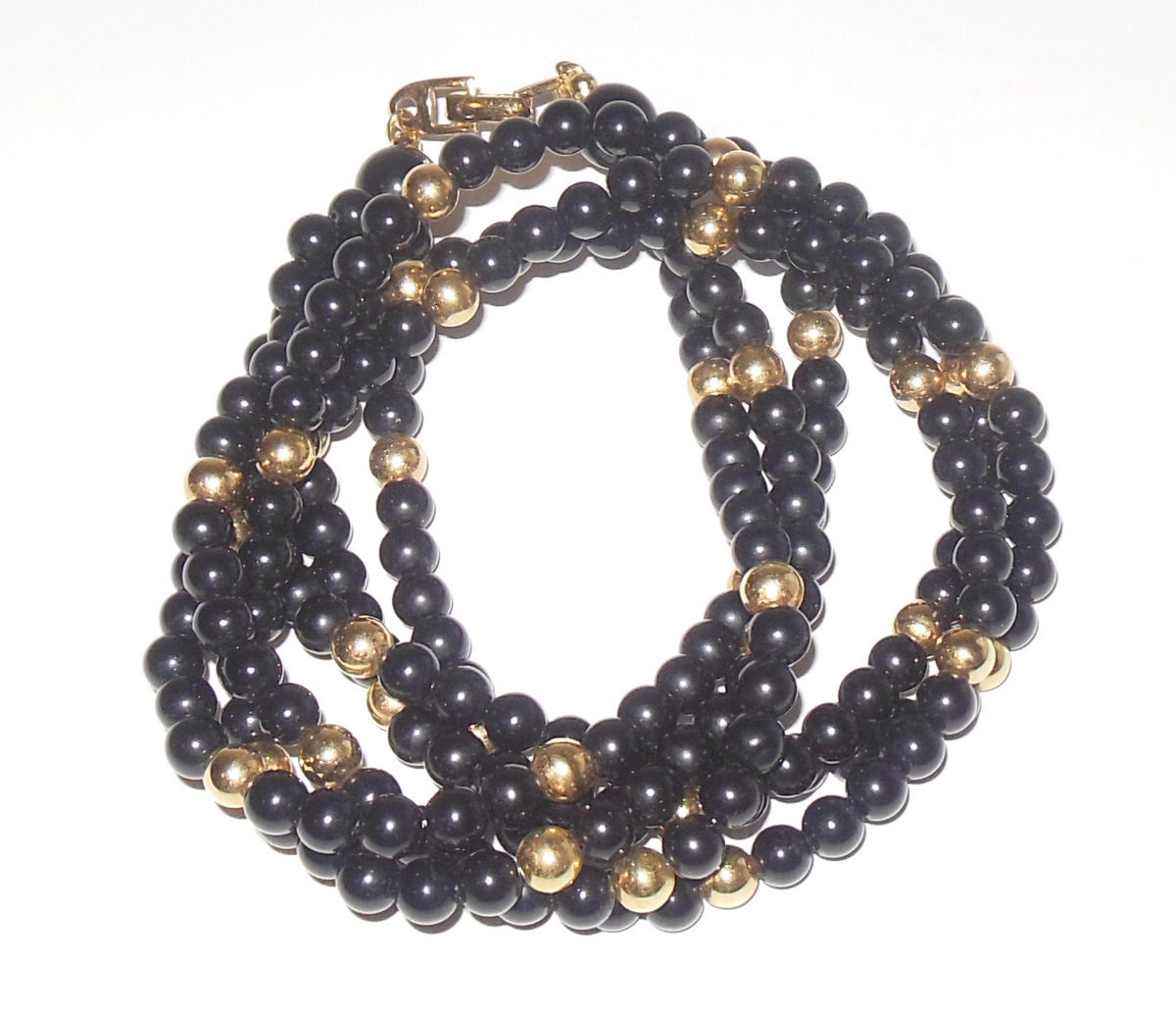Vintage Napier Twisted Rope Nekclace Black Gold Round Beads Costume Jewelry - $12.95