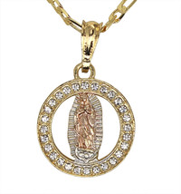 The Virgin Mary Tri Color Plated Charm CZ Pendant 4mm 20&quot; Figaro Necklace Chain - £7.63 GBP