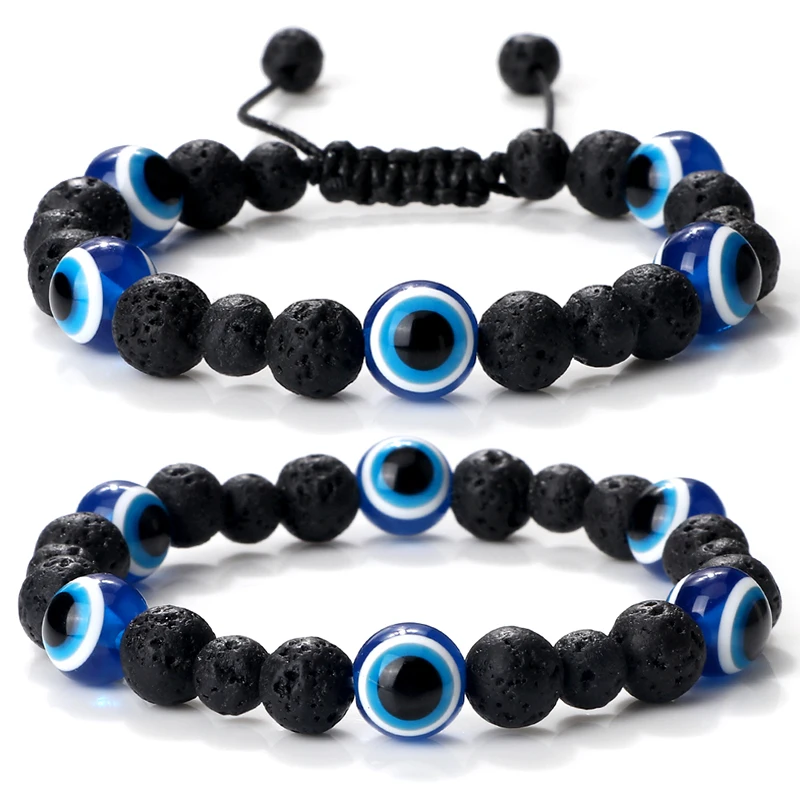 Charm Black Matte Lava Beads Bracelet Turkish Lucky Evil Eye Bangles for Women - £6.33 GBP