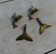 4 Dolphin Charms Antiqued Bronze 2 Sided 3D Ocean Pendants Sea Creature Whale  - £2.35 GBP