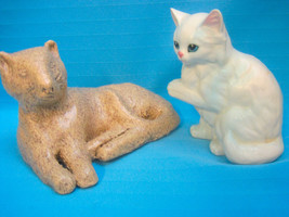 Kitty Cat Figurines 2 Large Ceramic 1 Tan Artist Signed &amp; 1 White Numbered 1206 - £19.60 GBP