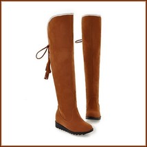 Suede Over The Knee Flat Sole Leather Boots w/ Lace Up Tassel and Fleece Lining image 2