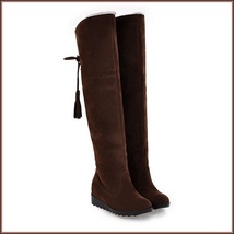 Suede Over The Knee Flat Sole Leather Boots w/ Lace Up Tassel and Fleece Lining image 4