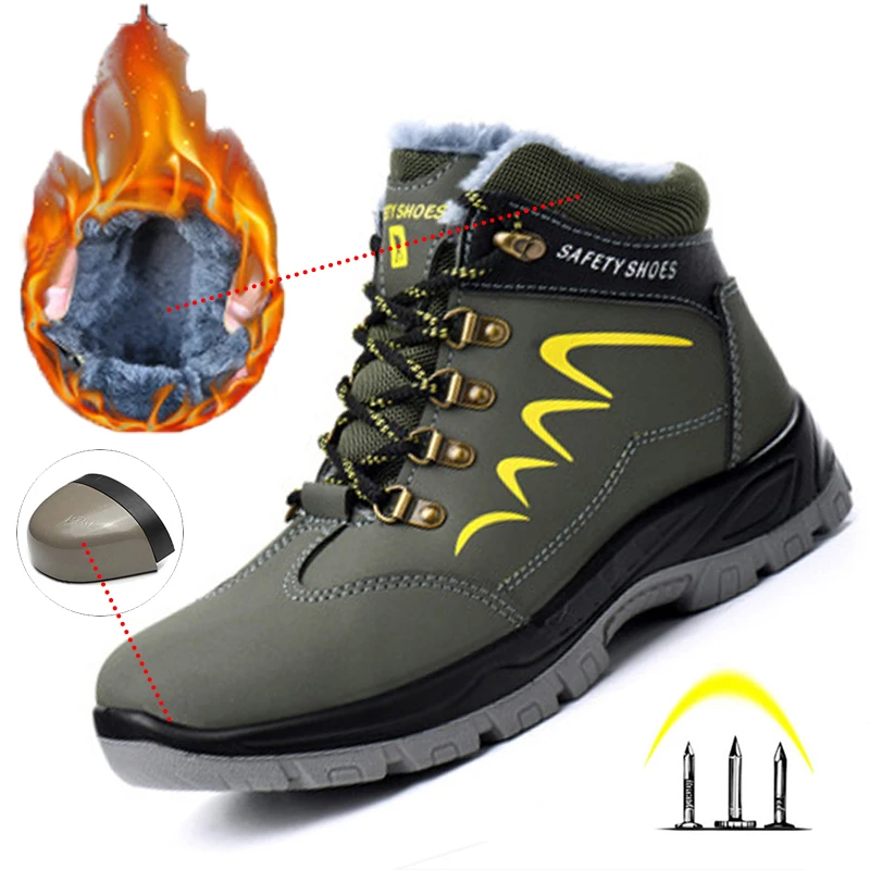 Winter Safety Work Boots Steel Toe Wor Men Boots Warm Add Velvet Cold Protective - £213.42 GBP