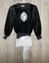 Vintage 80s Black Velour Top Girls 6 White Lace Cameo Holiday by Lightni... - $14.99