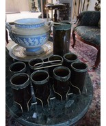 VAN BRIGGLE SET OF PITCHER AND 8 TUMBLERS IN METAL STAND - $226.82 CAD