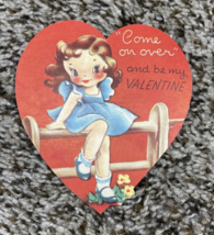Vintage Valentines Day Card Girl on Fence Come On Over - £3.94 GBP