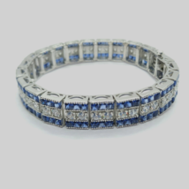 Men&#39;s Vintage Art Deco Princess Sapphire Solid 925 Sterling Silver Bracelet 8&quot; - £123.96 GBP