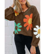 Women Flower Pattern V Neck Drop Shoulder Sweater - £52.81 GBP