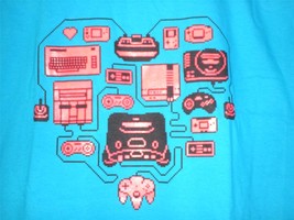 Tee Fury Gamer Xxlarge Shirt &quot;Retro Gamer Heart&quot; Classic Game System Turquoise - £12.76 GBP