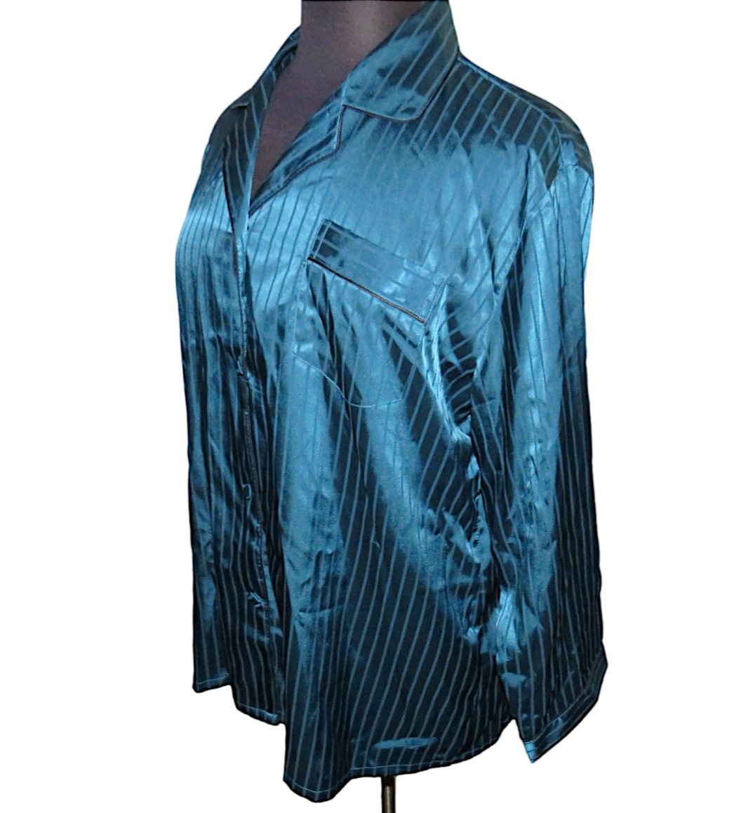 Primary image for Lonxu Women's Peacock Blue Satin Striped Button Up Pajama Top Plus 2X