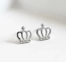 1Ct Round Cut Real Moissanite Women&#39;s Crown Stud Earrings 14k White Gold Plated - £66.92 GBP