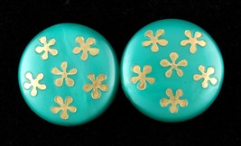 Vintage Plastic Green w Gold Flowers Button Screw Back Earrings Just for Fun - £3.13 GBP
