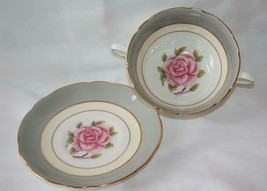Coalport Vintage Romance HP Signed Pink Rose Cream Soup Bowl &amp; Saucer Set - £51.15 GBP