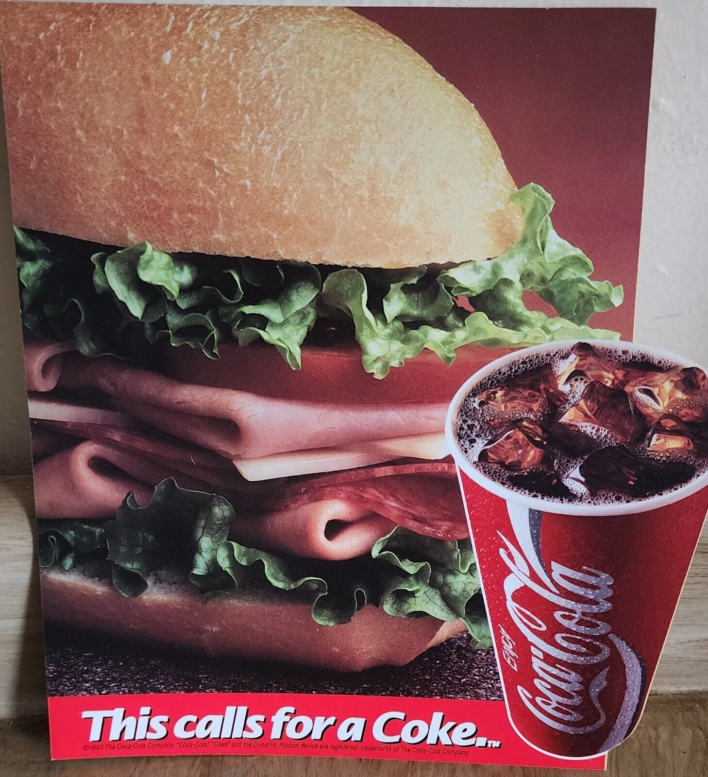 1993 This Calls For A Coke Double Sided Window Sticker Cola Cola ROAST BEEF NOS - $7.59