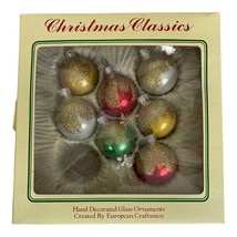 7 Vtg European Craftsman Christmas Red White Green Ornaments w/Box Glass USA - £24.80 GBP