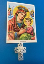 Our Lady of Perpetual Help Image + Mother of Pearl Crucifix Pendant, New - $14.84