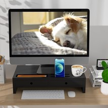 Monitor Stand Riser With Drawer - Black Laptop Stand, Bamboo Desktop Shelf Organ - £67.16 GBP